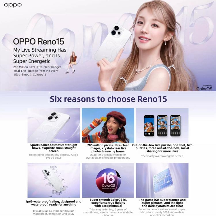 OPPO Reno15, 16GB+256GB, Screen Fingerprint, 6.32 inch ColorOS 16.0 MediaTek Dimensity 8450 Octa Core, NFC, OTG, Network: 5G, 16GB+256GB – Durable Build, Easy to Use