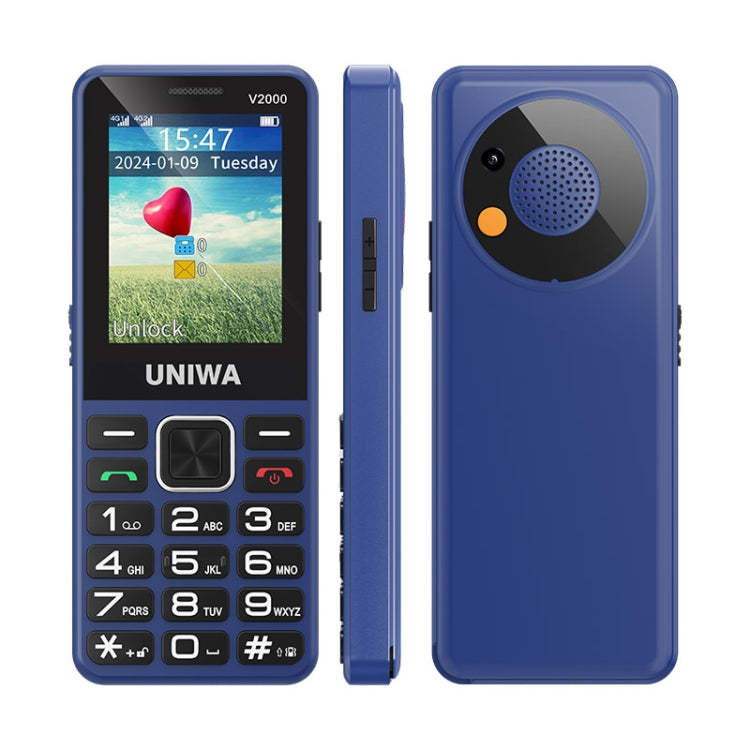 UNIWA V2000 Elder Keypad Phone, 2.4 inch Unisoc T107, 1700mAh Battery, LED Flashlight, SOS, Network: 4G, EU Plug, EU Plug – Card Slot, Bluetooth EU Plug Blue