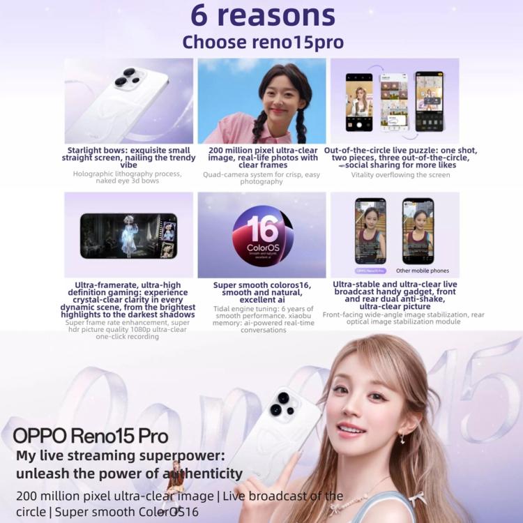 OPPO Reno15 Pro, 16GB+512GB, Screen Fingerprint, 6.78 inch ColorOS 16.0 MediaTek Dimensity 8450 Octa Core, NFC, OTG, Network: 5G, 16GB+1TB