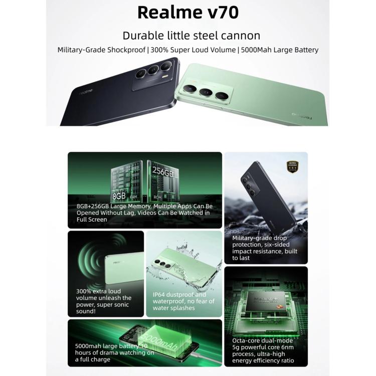 Realme V70, 8GB+256GB, 6.67 inch Realme UI 6.0 Android 15 Dimensity 6300 5G Octa Core, Network: 5G, 8GB+256GB – Magnetic, Fast Charging