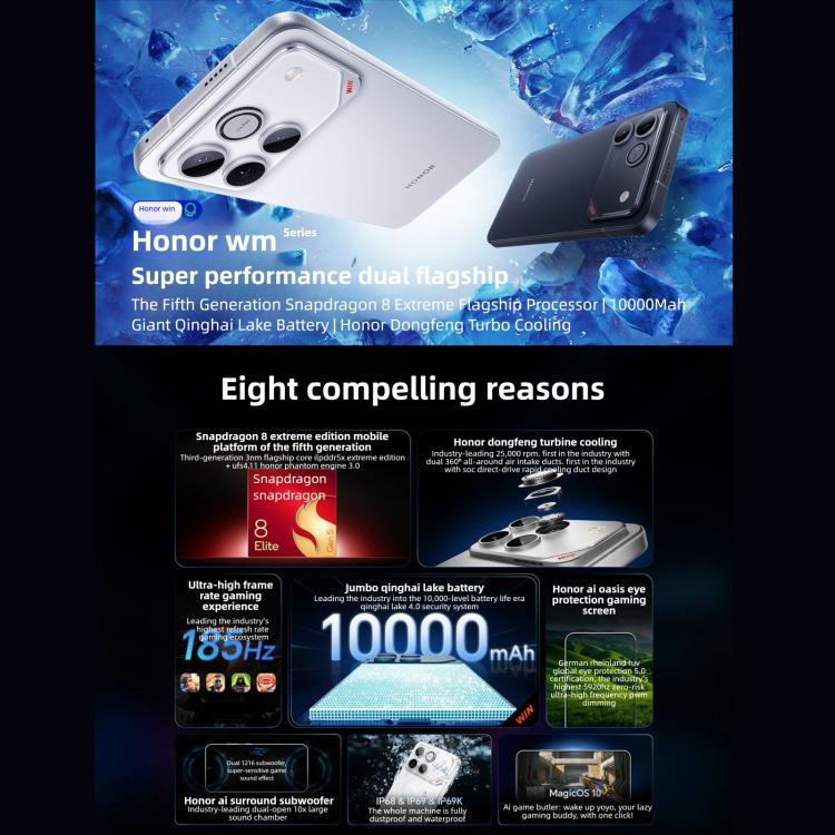 Honor WIN, 12GB+512GB, 3D Ultrasonic Fingerprint, 10000mAh Battery, 6.83 inch MagicOS 10.0 / Android 16 Snapdragon 8 Elite Gen 5 Octa Core, Network: 5G, NFC, OTG, 12GB+512GB – Fast Charging, Wireless Charging