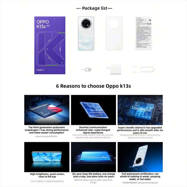 OPPO K13s 5G, 12GB+512GB, Screen Fingerprint, 6.8 inch ColorOS 15.0 Android 15 Snapdragon 7 Gen 3 Octa Core, NFC, Network: 5G, 12GB+512GB – Fast Charging