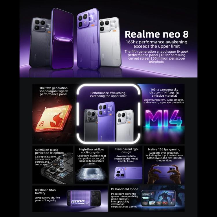 Realme Neo8, 12GB+256GB, Ultrasonic Screen Fingerprint, 6.78 inch Realme UI 7.0 Snapdragon 8 Gen 5 Octa Core, OTG, NFC, Network: 5G, 12GB+512GB