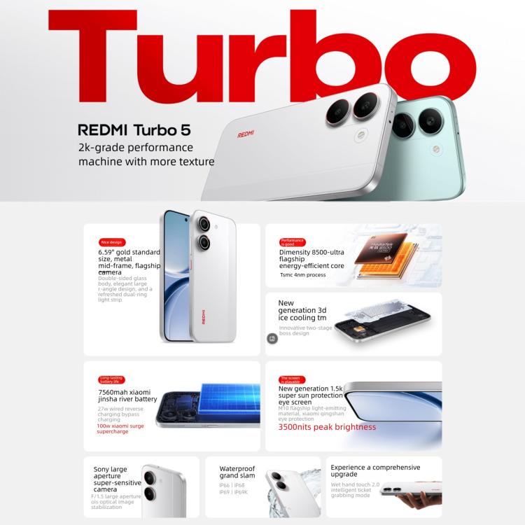 Xiaomi REDMI Turbo 5, 16GB+256GB, 6.59 inch Xiaomi HyperOS 3 Dimensity 8500-Ultra Octa Core, NFC, Network: 5G, 16GB+256GB – Card Slot, Fast Charging