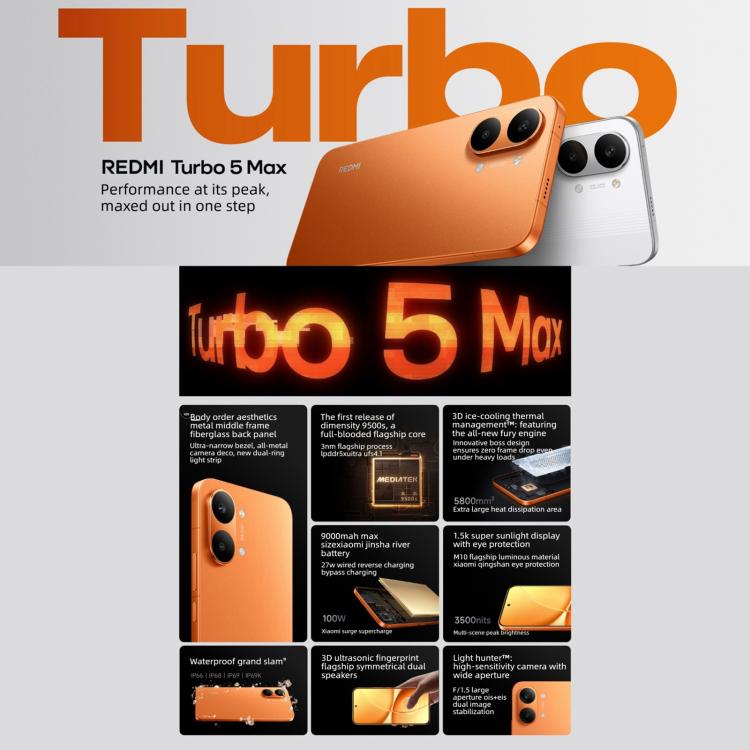 Xiaomi REDMI Turbo 5 Max, 16GB+256GB, 6.83 inch Xiaomi HyperOS 3 Dimensity 9500s Octa Core, NFC, Network: 5G, 16GB+256GB – Card Slot, Fast Charging