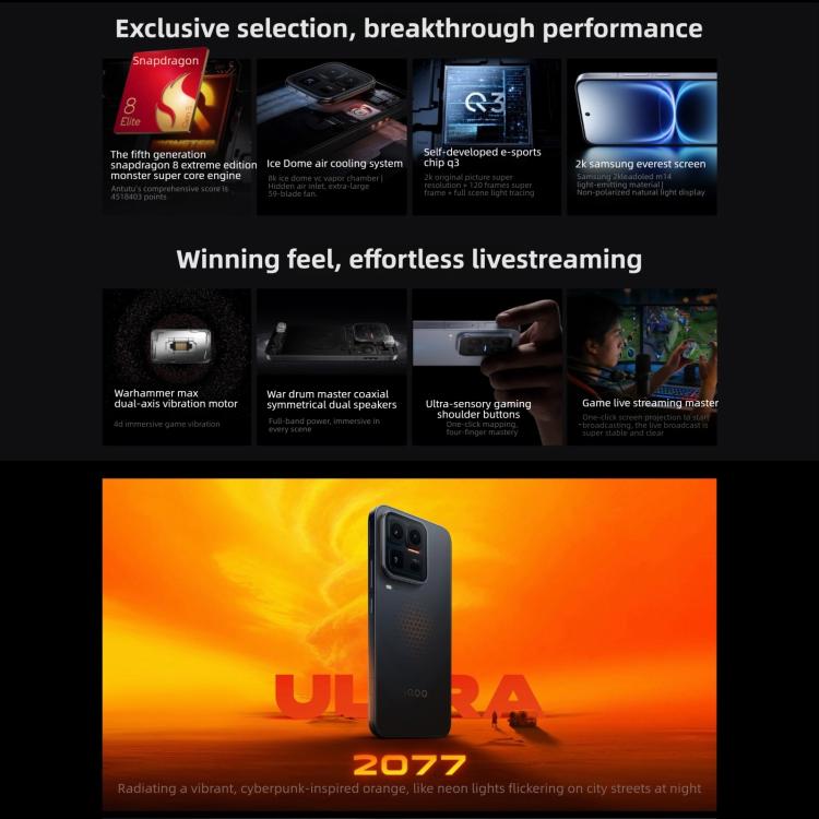 vivo iQOO 15 Ultra, 16GB+512GB, Ultrasonic 3D Fingerprint, 6.85 inch Android 16 OriginOS 6 Snapdragon 8 Elite Gen 5 Octa Core, OTG, NFC, Network: 5G, Support Google Play, 16GB+512GB – Wireless Charging