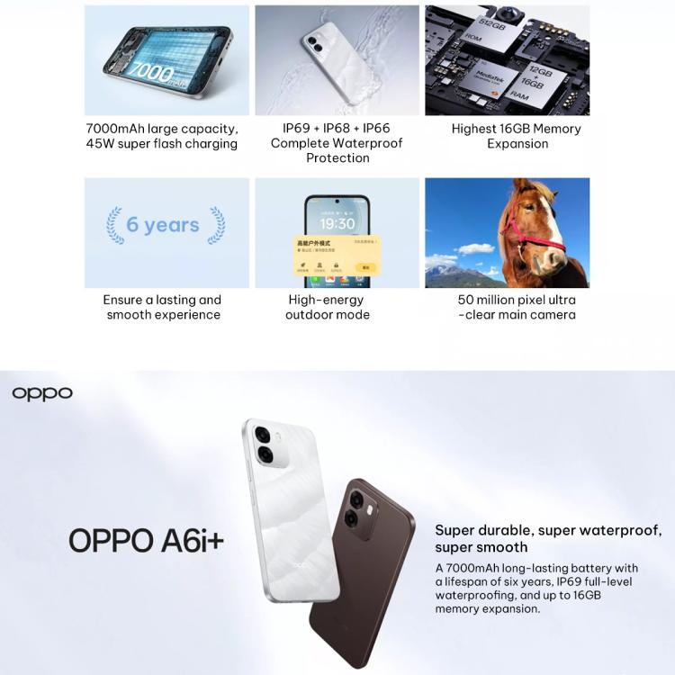 OPPO A6i+ 5G, 8GB+256GB, Side Fingerprint, 6.75 inch ColorOS 15 Dimensity 6300 Octa Core, NFC, OTG, Network: 5G, 8GB+256GB