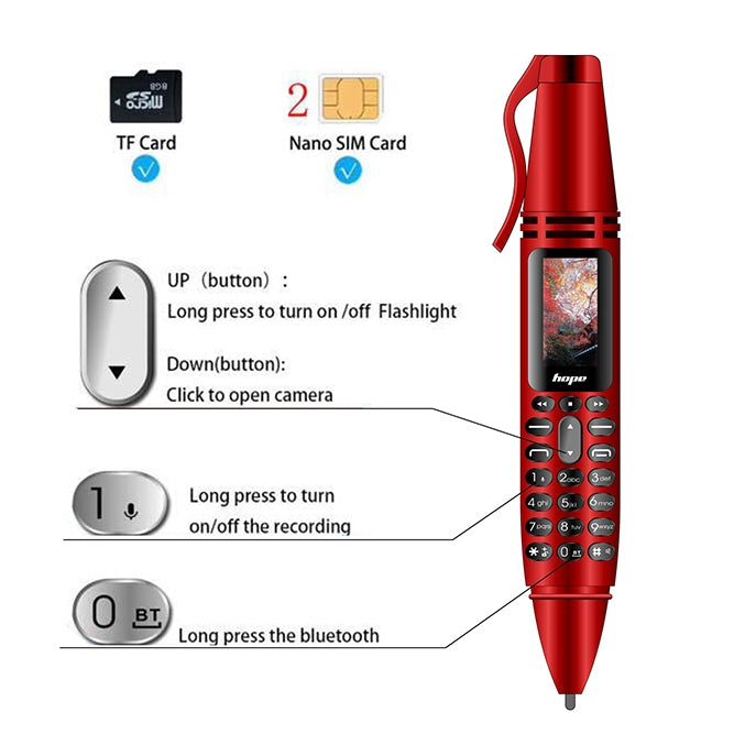 Multifunctional Remote Noise Reduction Back-clip Recording Pen with 0.96 inch Color Screen, Dual SIM Dual Standby, Support Bluetooth, GSM, LED Light, Handwriting – Card Slot, Bluetooth