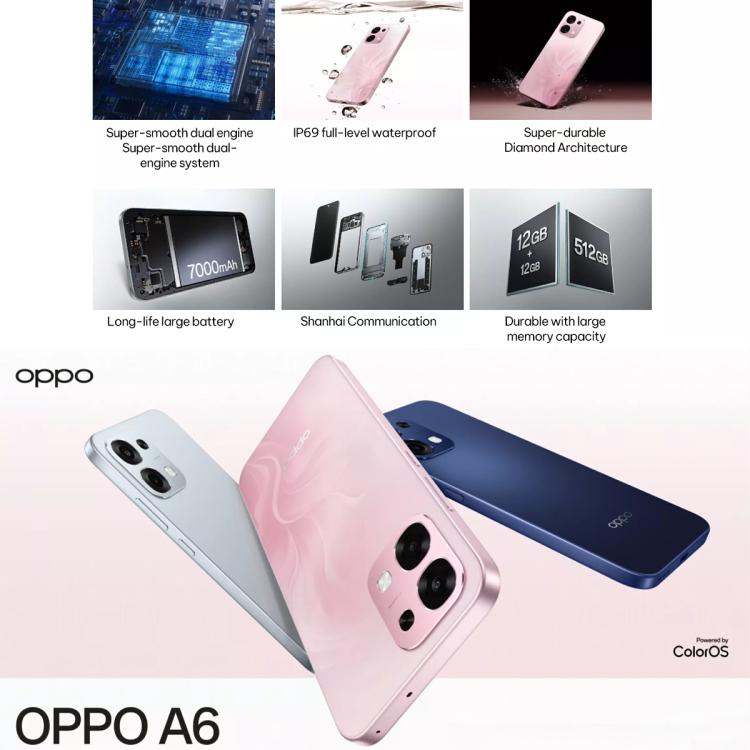 OPPO A6 5G, 8GB+256GB, Screen Fingerprint, 6.57 inch ColorOS 15 Dimensity 7300 Octa Core, NFC, OTG, Network: 5G, 8GB+256GB – Fast Charging