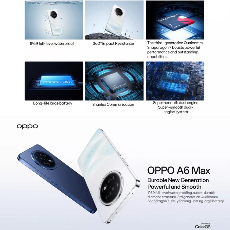 OPPO A6 Max 5G, 8GB+256GB, Screen Fingerprint, 6.8 inch ColorOS 15.0 Android 15 Qualcomm Snapdragon 7 Gen 3 Octa Core, NFC,Network: 5G, A6 Max 5G, 8GB+256GB – Durable Build, Easy to Use