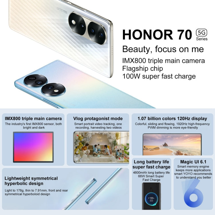Triple Back Cameras, Screen Fingerprint Identification, 6.67 inch Magic UI 6.1 Qualcomm Snapdragon 778G Plus Octa Core up to 2.5GHz, Network: 5G, OTG, NFC, Not Support Google Play, Honor 70 5G 12GB+512GB