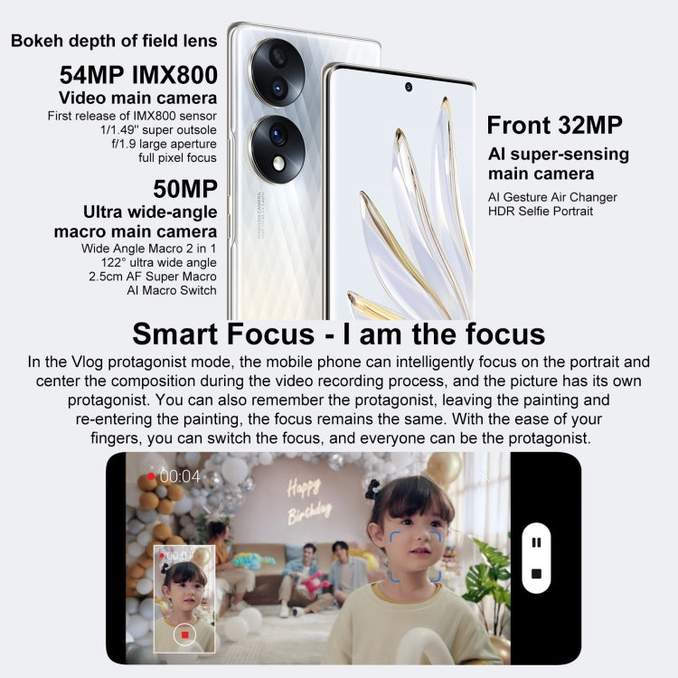 Triple Back Cameras, Screen Fingerprint Identification, 6.67 inch Magic UI 6.1 Qualcomm Snapdragon 778G Plus Octa Core up to 2.5GHz, Network: 5G, OTG, NFC, Not Support Google Play, Honor 70 5G 12GB+512GB