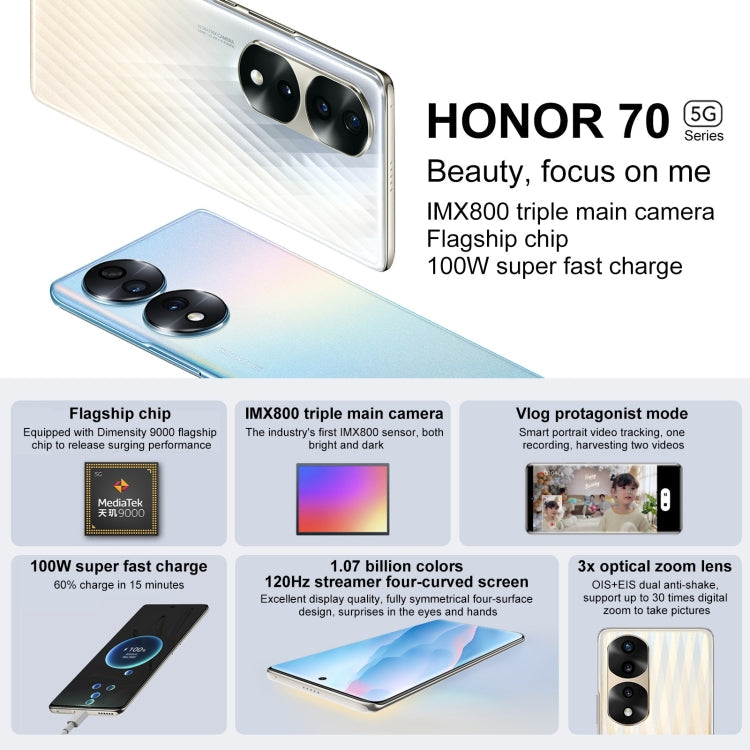 Triple Back Cameras, Screen Fingerprint Identification, 6.78 inch Magic UI 6.1 Dimensity 9000 Octa Core up to 3.05GHz, Network: 5G, OTG, NFC, Not Support Google Play, Honor 70 Pro+ 5G 8GB+256GB – Durable Build, Easy to Use