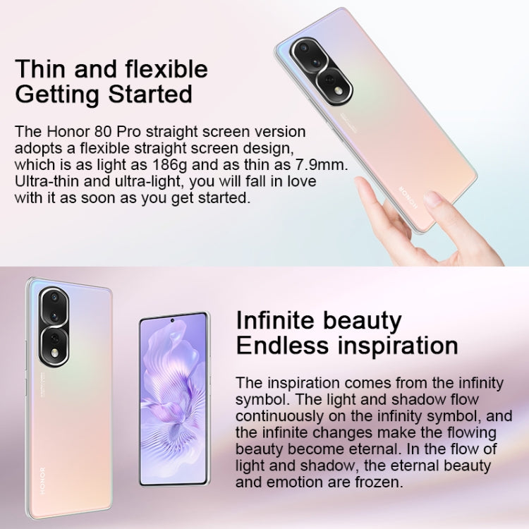 Triple Back Cameras, Screen Fingerprint Identification, 6.67 inch Magic UI 7.0 Qualcomm Snapdragon 8+ Gen1 Octa Core up to 3.0GHz, Network: 5G, OTG, NFC, Not Support Google Play, Honor 80 Pro Flat 5G, 12GB+256GB