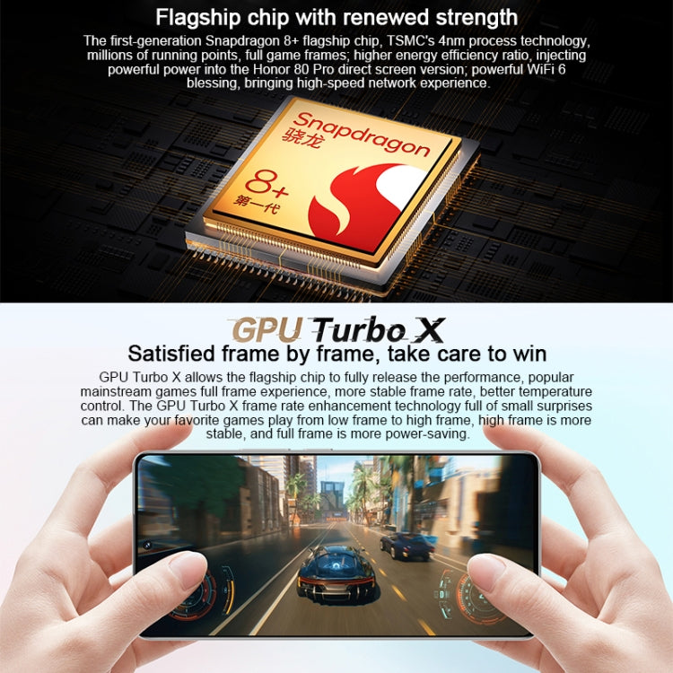 Triple Back Cameras, Screen Fingerprint Identification, 6.67 inch Magic UI 7.0 Qualcomm Snapdragon 8+ Gen1 Octa Core up to 3.0GHz, Network: 5G, OTG, NFC, Not Support Google Play, Honor 80 Pro Flat 5G, 12GB+256GB