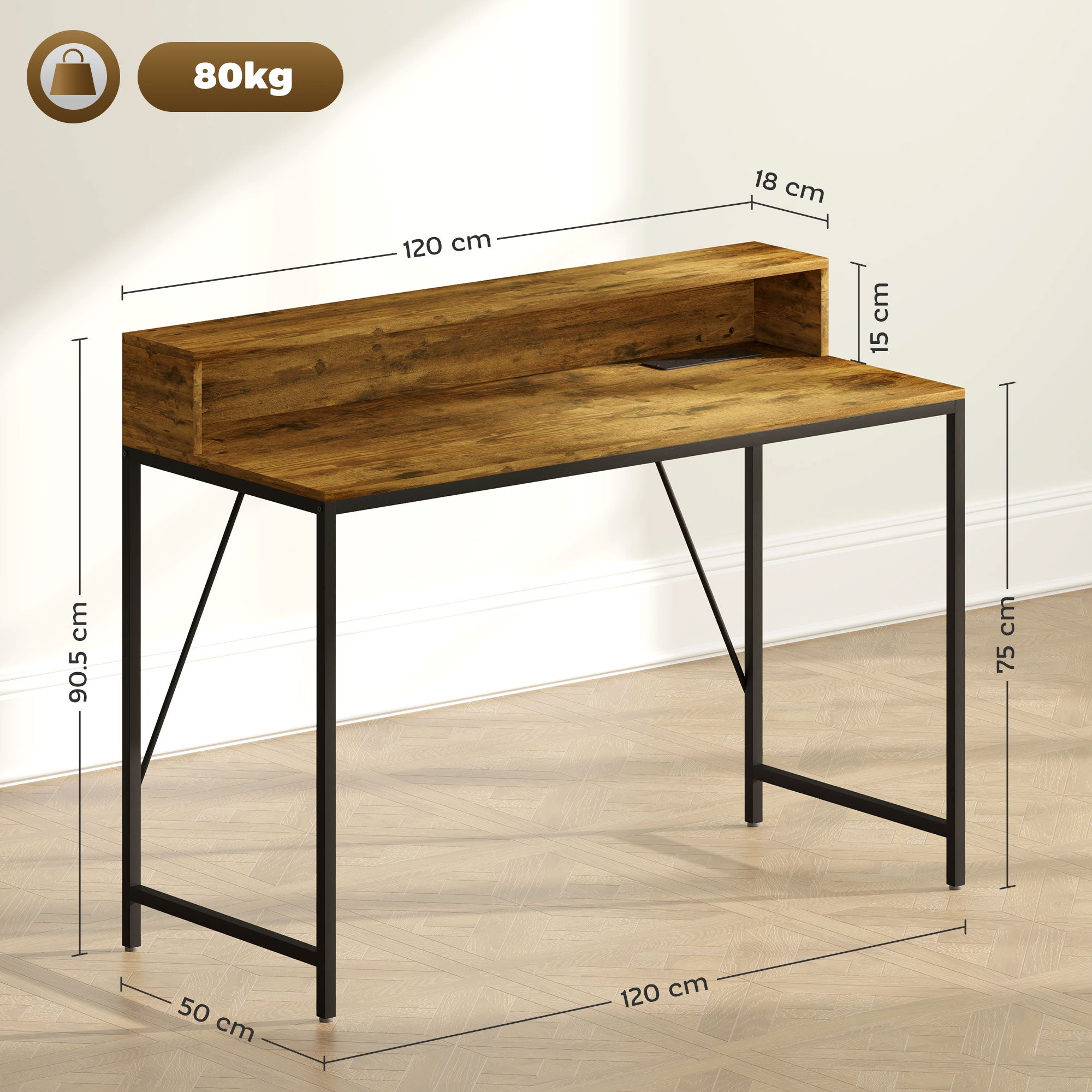 120cm Computer Desk with LED Lights and Power Outlets, Gaming Desk with Monitor Stand, Rustic Brown