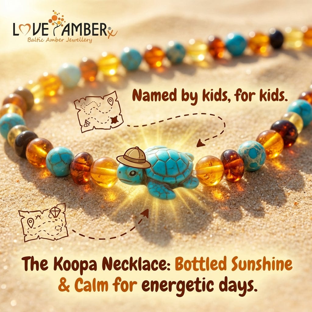 Childs Koopa Blue Turtle Jasper and Polished Rainbow Mixed Baltic Amber Necklace