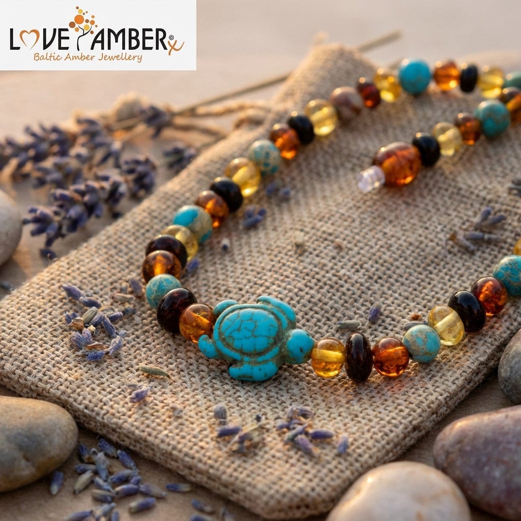 Childs Koopa Blue Turtle Jasper and Polished Rainbow Mixed Baltic Amber Necklace