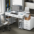 120cm Computer Desk with Power Outlets, Office Desk Study Table with 3 Fabric Drawers and 4 Storage Shelves, White