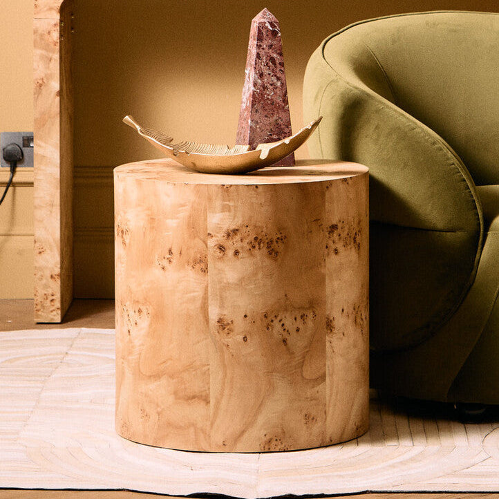 Natural Burl Wood Round Side Table with Drum Shape Design