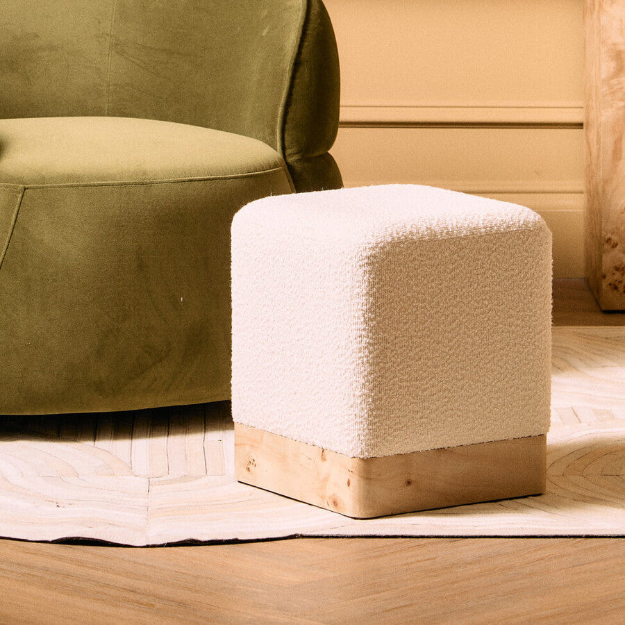 Cream Boucle Square Stool with Minimalist Profile