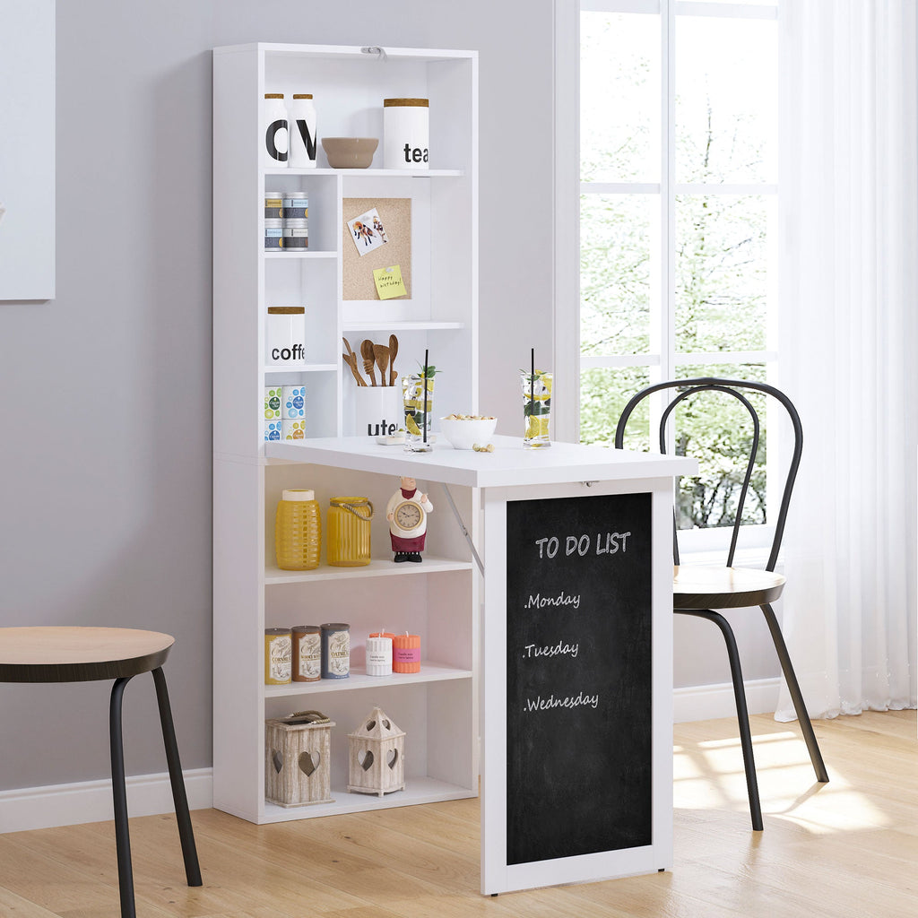 Wall Mounted Computer Desk, Folding Study Table with Black Board and Bookshelf, Multifunctional Floating Writing Desk for Home Office, White