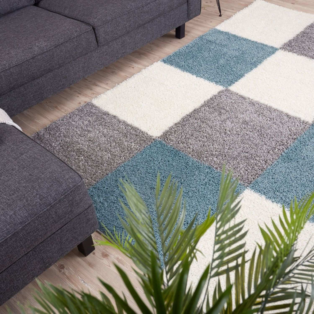 Geometric Duck Egg Blue Shaggy Rug