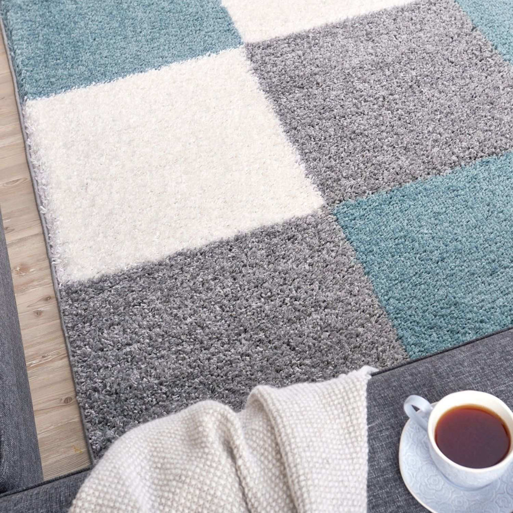 Geometric Duck Egg Blue Shaggy Rug