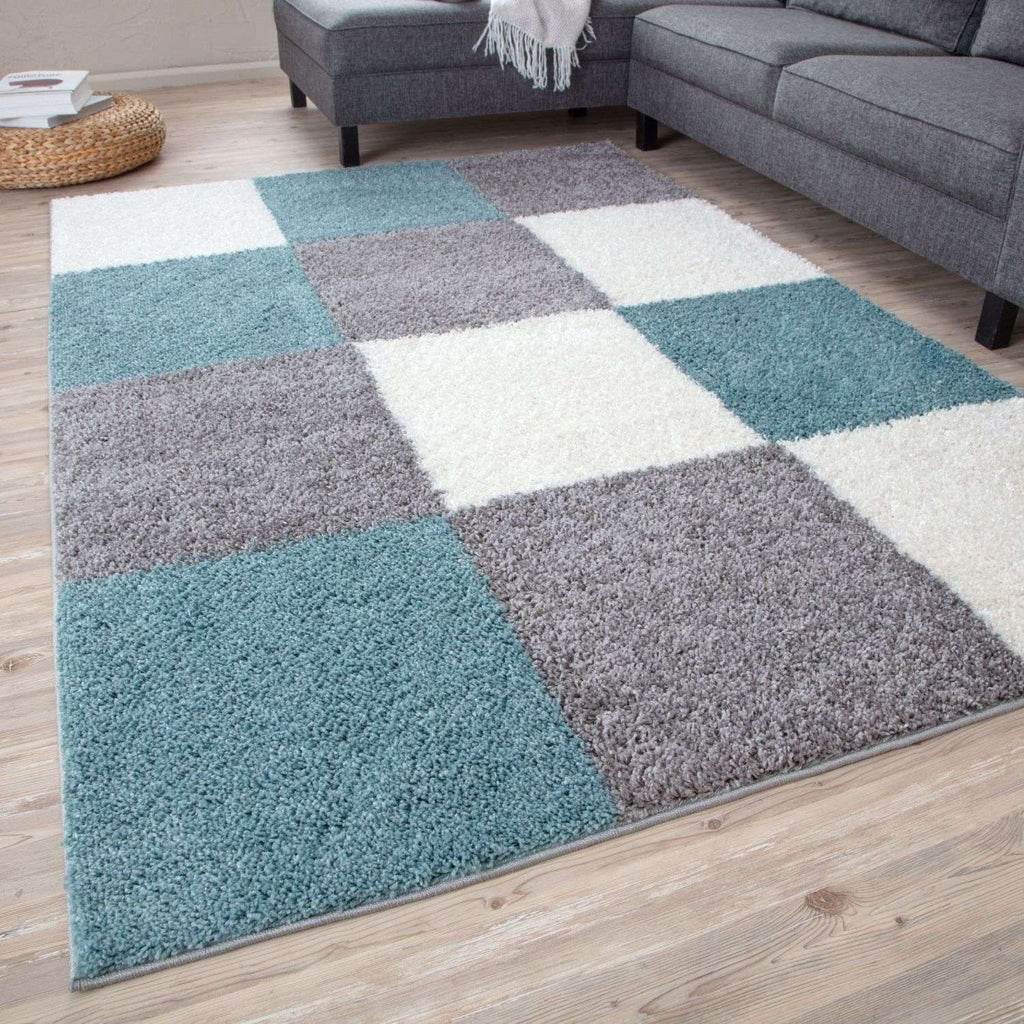 Geometric Duck Egg Blue Shaggy Rug