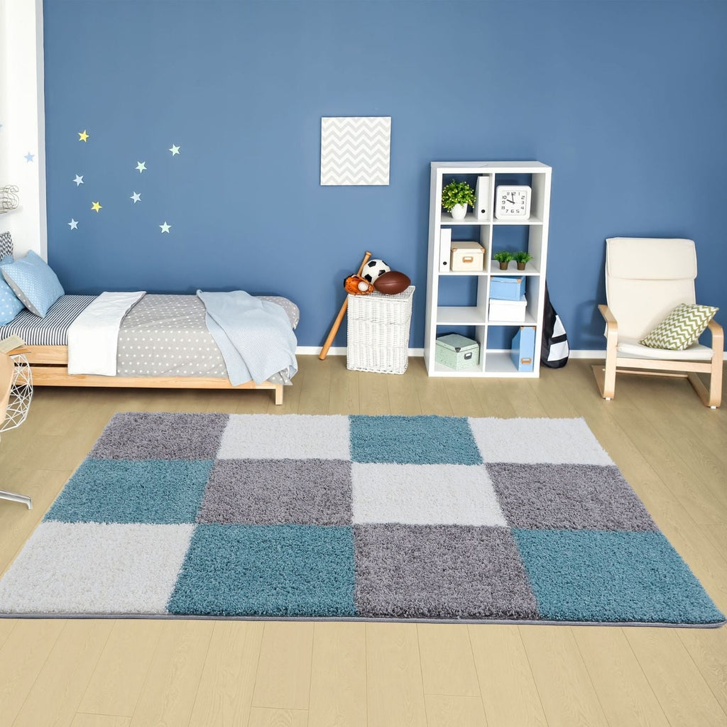 Geometric Duck Egg Blue Shaggy Rug