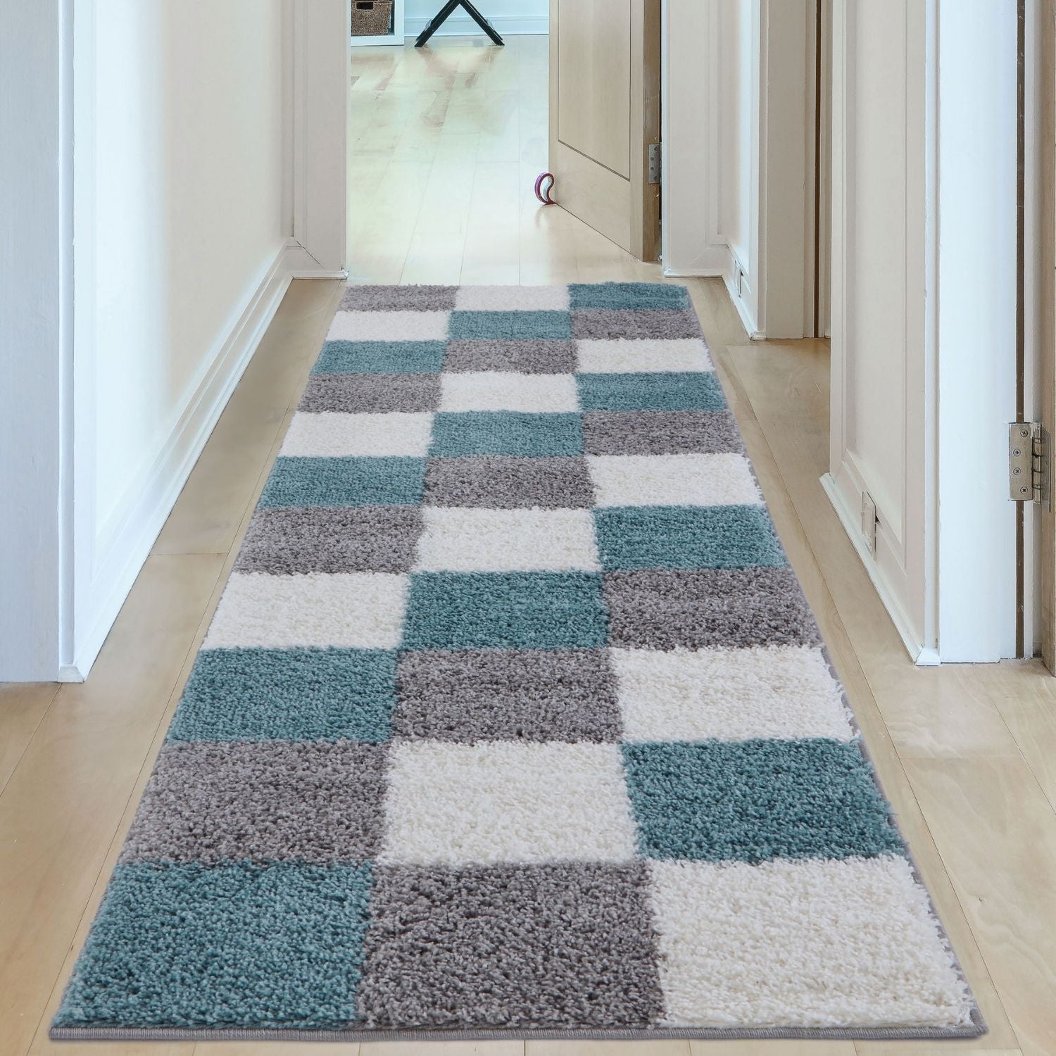 Geometric Duck Egg Blue Shaggy Rug