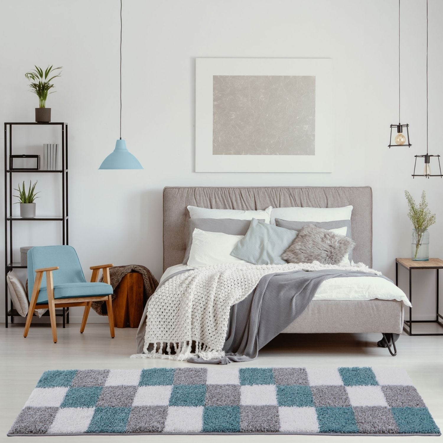 Geometric Duck Egg Blue Shaggy Rug