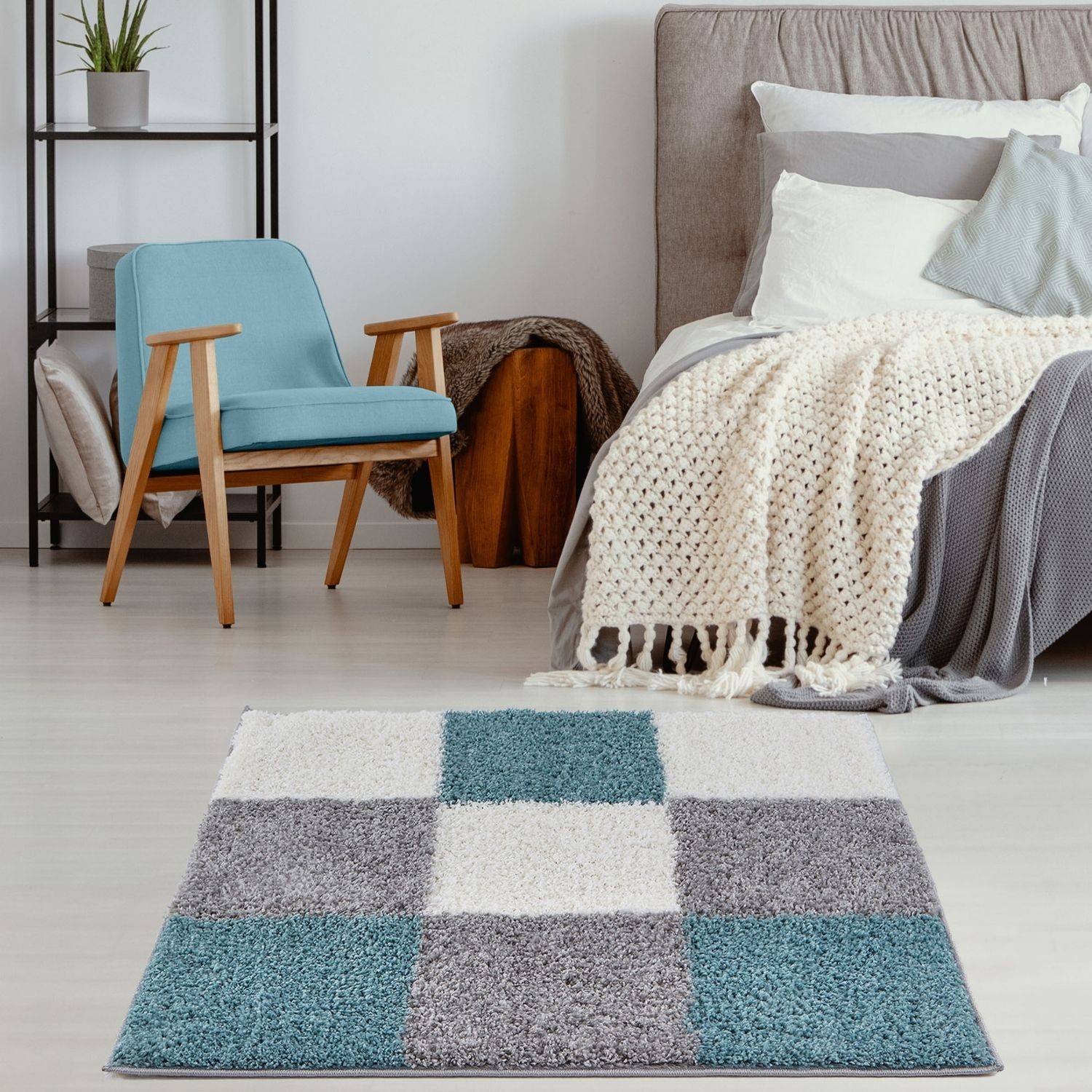 Geometric Duck Egg Blue Shaggy Rug