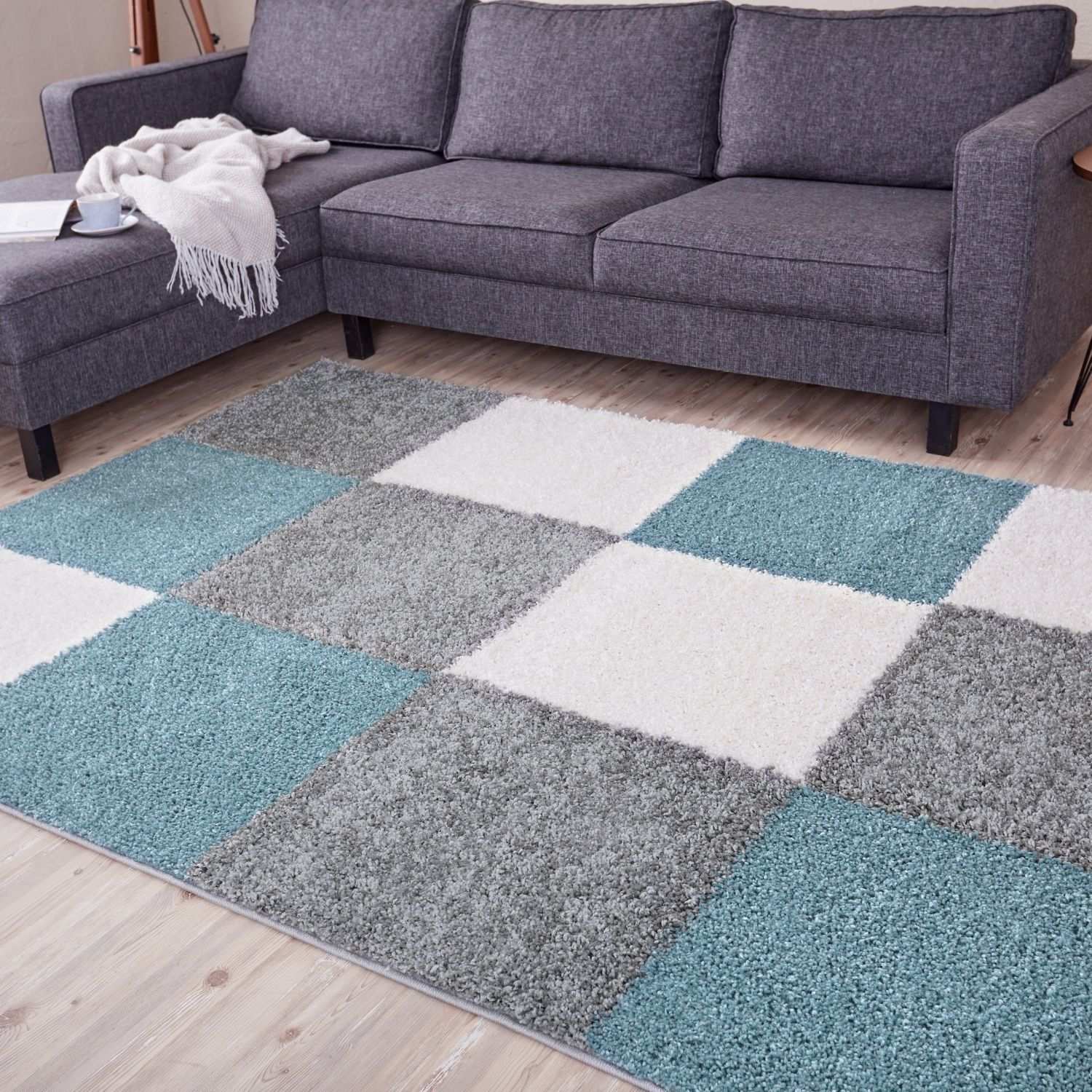 Geometric Duck Egg Blue Shaggy Rug