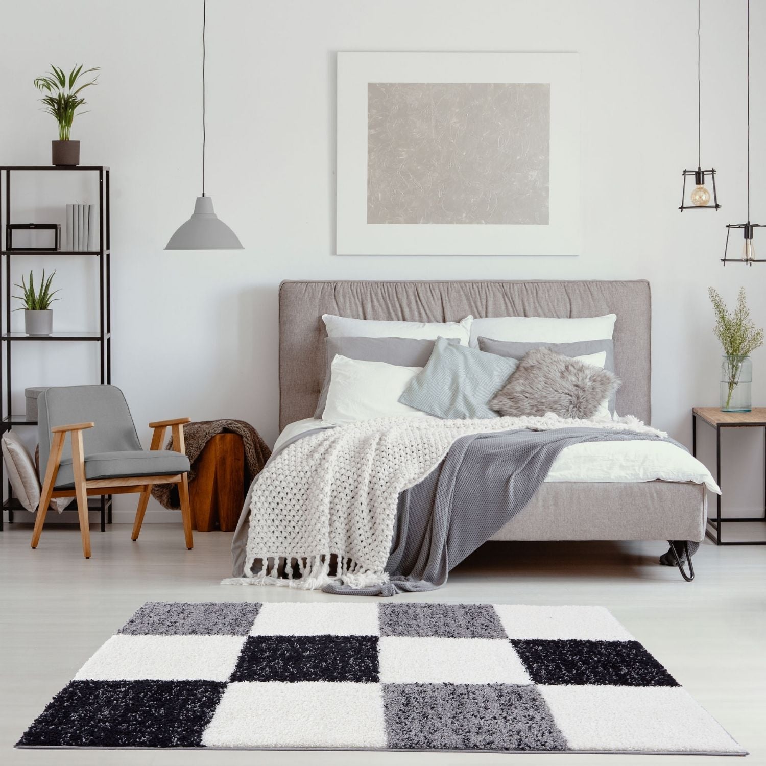 Geometric Grey Shaggy Rug