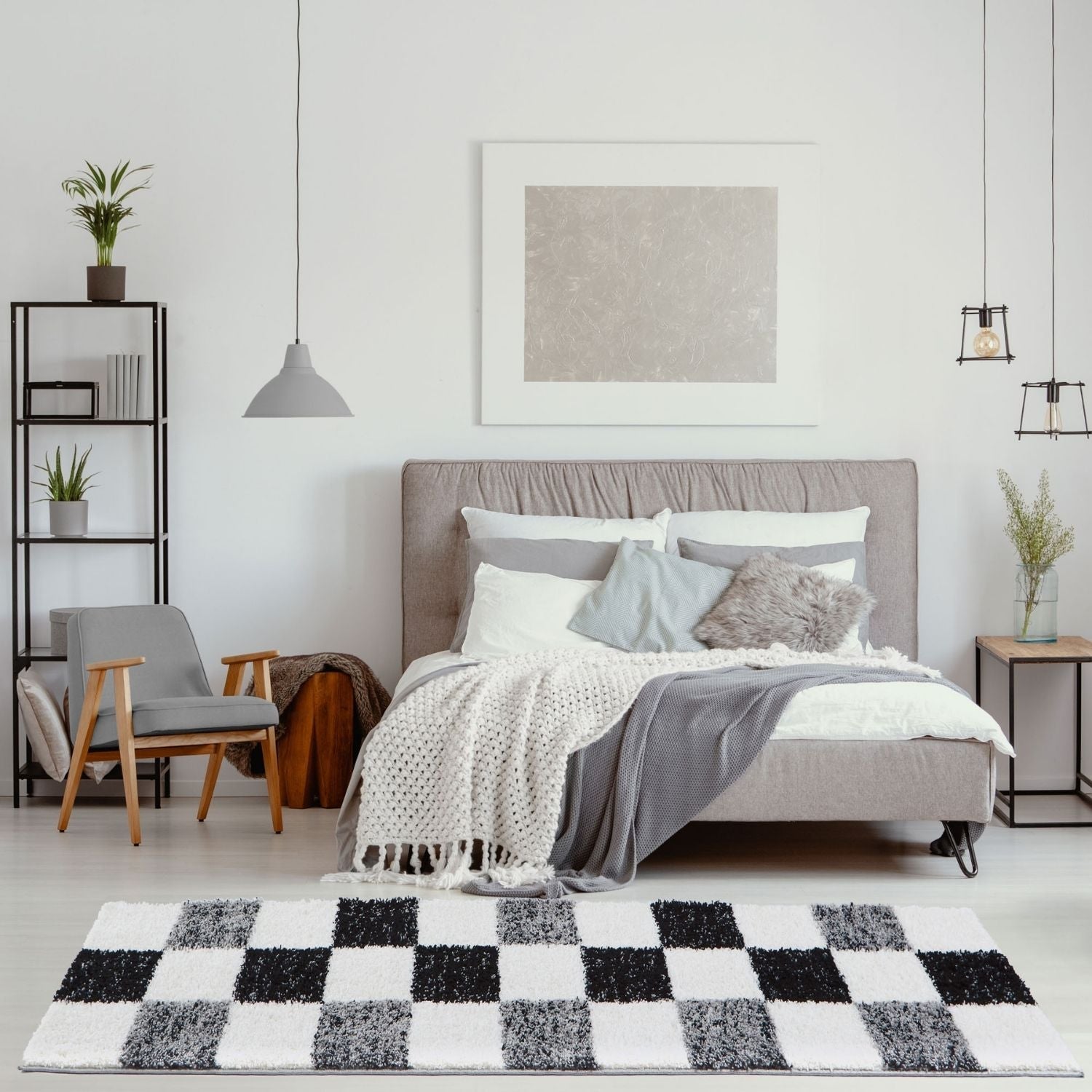 Geometric Grey Shaggy Rug
