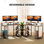 Computer Desk with Power Outlets and LED Lights, 120 x 50cm Reversible Home Office Desk with Monitor Stand and 2-Tier Storage Shelves, Gaming Desk with Cable Management, Rustic Brown