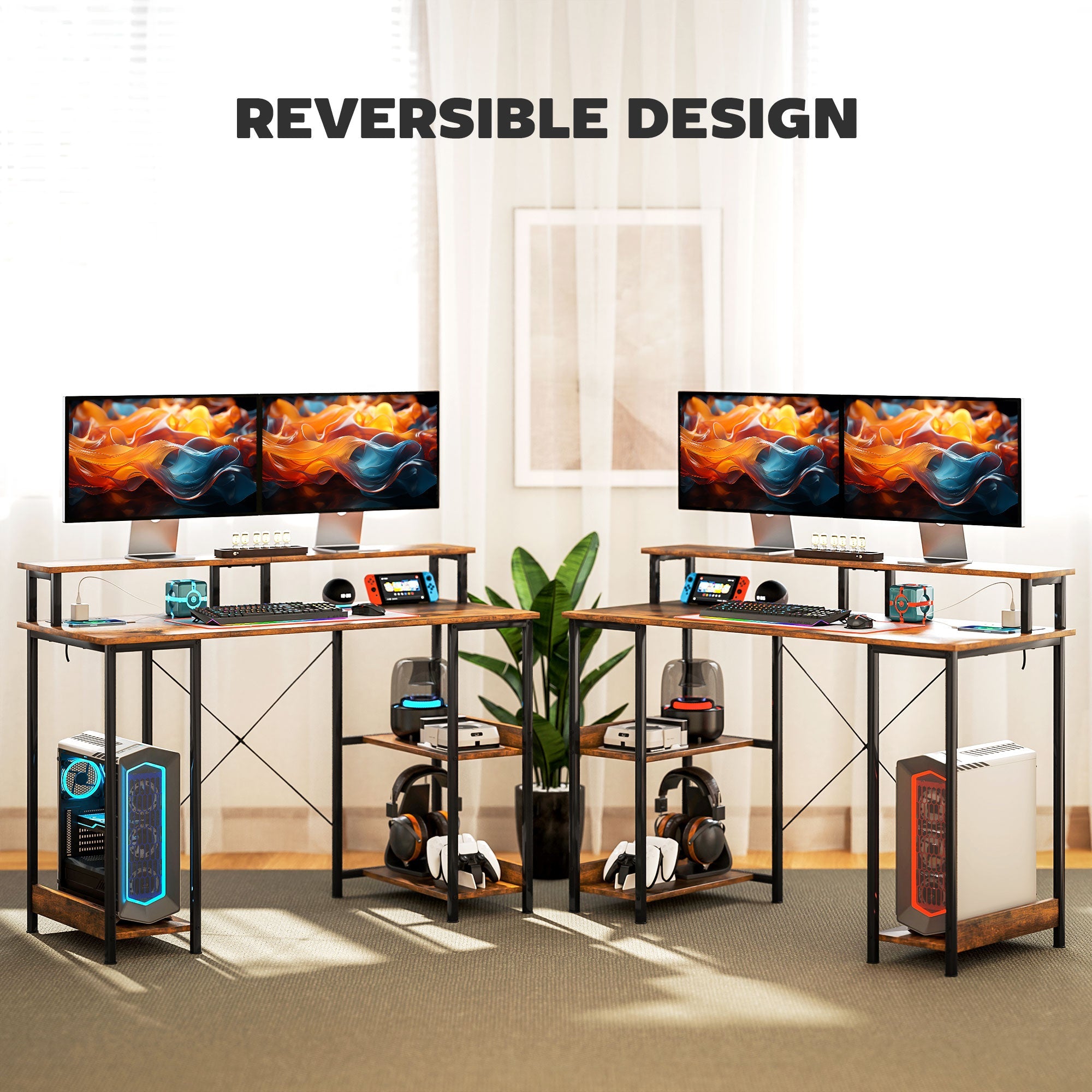 Computer Desk with Power Outlets and LED Lights, 120 x 50cm Reversible Home Office Desk with Monitor Stand and 2-Tier Storage Shelves, Gaming Desk with Cable Management, Rustic Brown