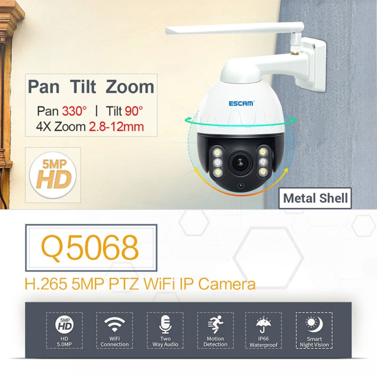 ESCAM Q5068 H.265 5MP Pan / Tilt / 4X Zoom WiFi Waterproof IP Camera, Support ONVIF Two Way Talk & Night Vision, AU Plug, EU Plug, AU Plug, UK Plug, US Plug – Waterproof, TPU