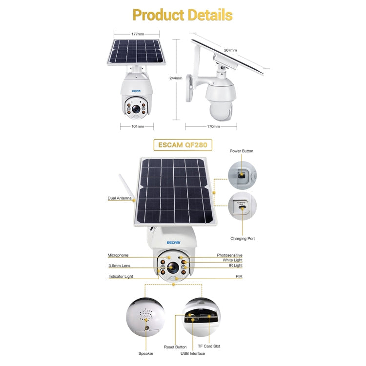 ESCAM QF280 HD 1080P IP66 Waterproof WiFi Solar Panel PT IP Camera without Battery, Support Night Vision / Motion Detection / TF Card / Two Way Audio, without Battery – Waterproof