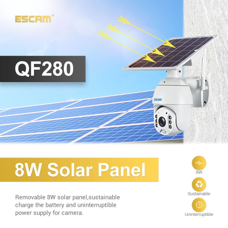 ESCAM QF280 HD 1080P IP66 Waterproof WiFi Solar Panel PT IP Camera without Battery, Support Night Vision / Motion Detection / TF Card / Two Way Audio, without Battery – Waterproof