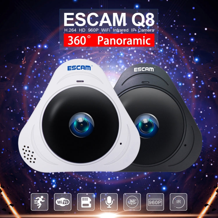 ESCAM Q8 960P 360 Degrees Fisheye Lens 1.3MP WiFi IP Camera, Support Motion Detection / Night Vision, IR Distance: 5-10m, AU Plug, Q8 UK Plug, Q8 US Plug, Q8 AU Plug, Q8 EU Plug