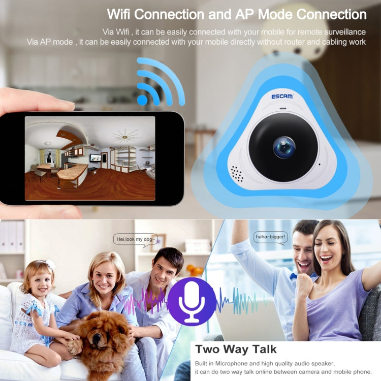 ESCAM Q8 960P 360 Degrees Fisheye Lens 1.3MP WiFi IP Camera, Support Motion Detection / Night Vision, IR Distance: 5-10m, AU Plug, Q8 UK Plug, Q8 US Plug, Q8 AU Plug, Q8 EU Plug