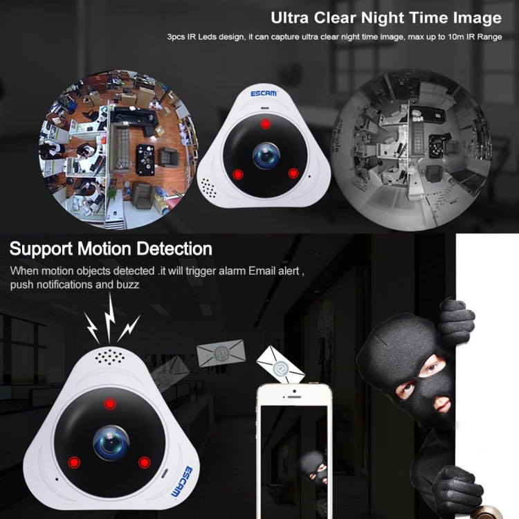 ESCAM Q8 960P 360 Degrees Fisheye Lens 1.3MP WiFi IP Camera, Support Motion Detection / Night Vision, IR Distance: 5-10m, AU Plug, Q8 UK Plug, Q8 US Plug, Q8 AU Plug, Q8 EU Plug