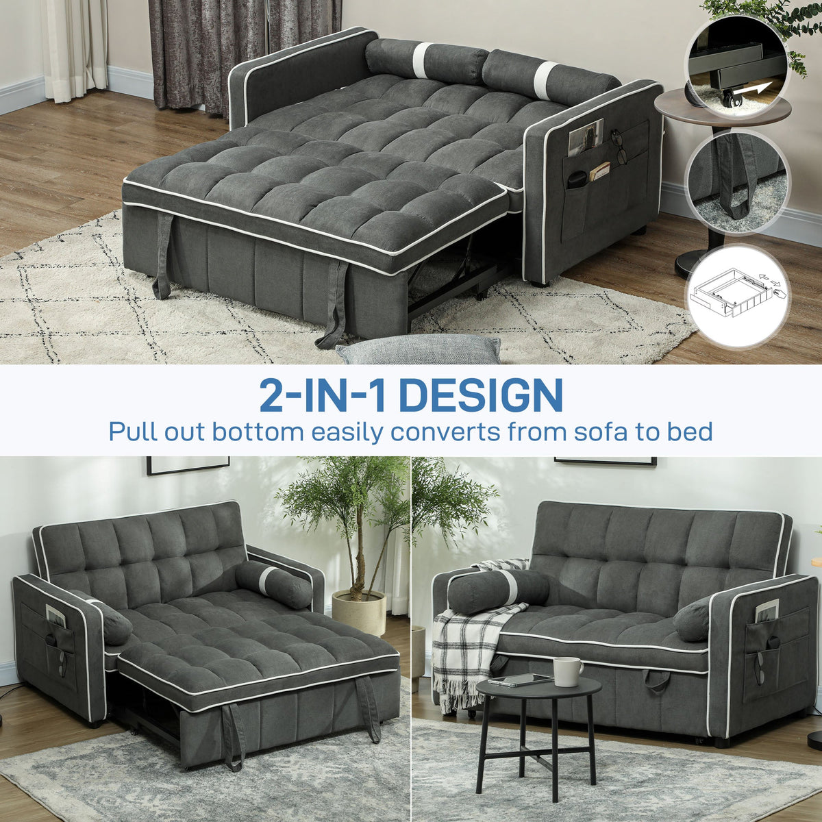 2 Seater Pull Out Sofa Bed with Adjustable Backrest