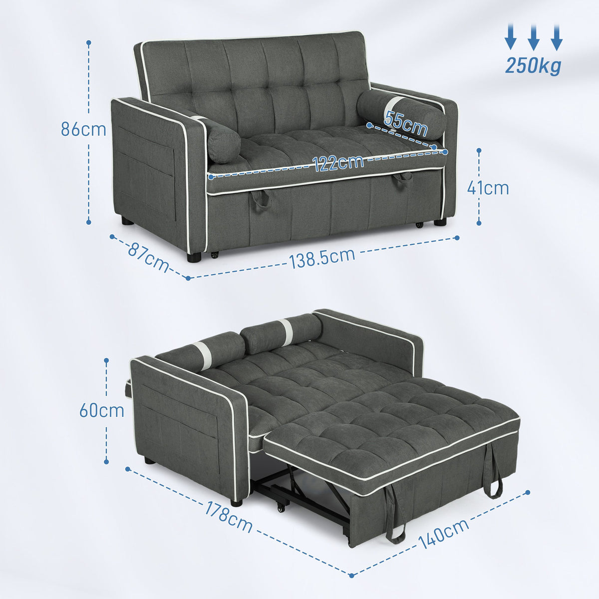 2 Seater Pull Out Sofa Bed with Adjustable Backrest