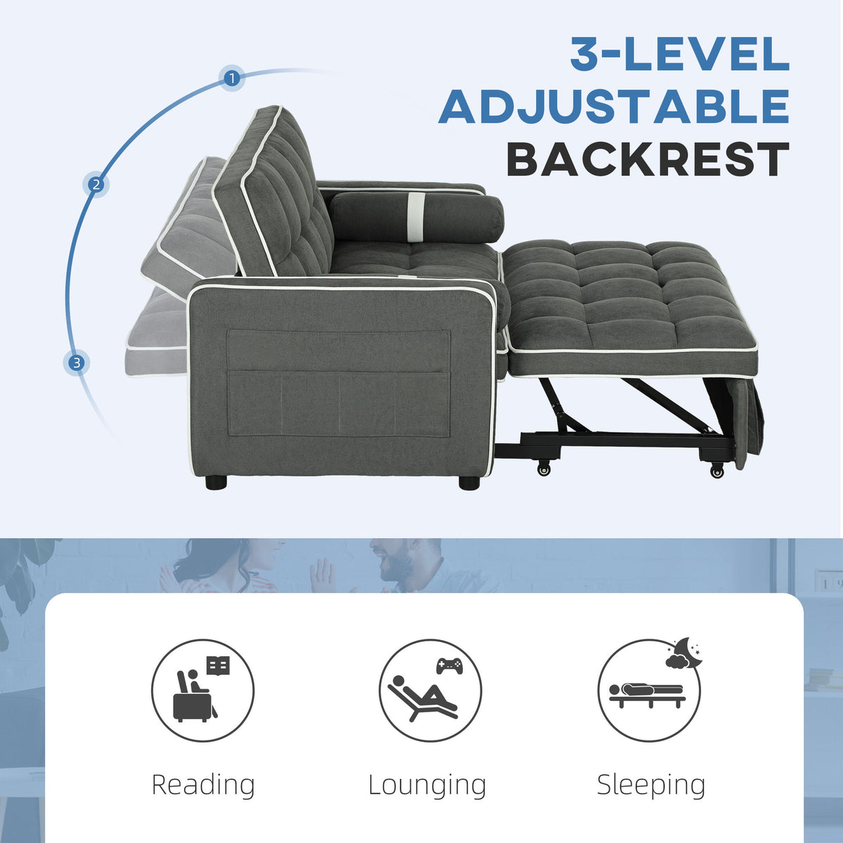 2 Seater Pull Out Sofa Bed with Adjustable Backrest
