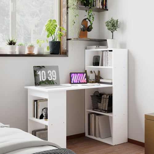120cm Modern Computer Desk Bookshelf Study Table Workstation PC Laptop Writing Home Office 6 Shelves, White