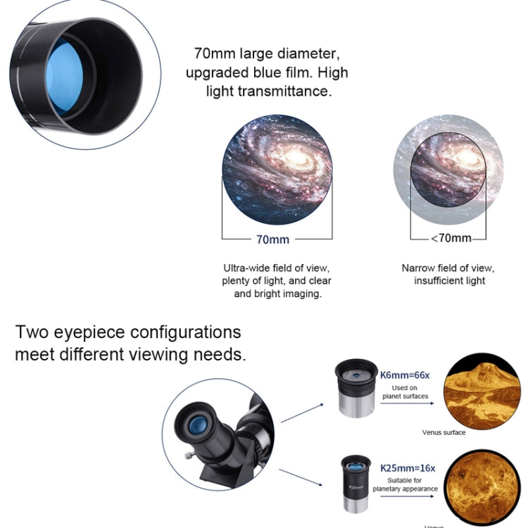 WR852-3 16x/66x70 High Definition High Times Astronomical Telescope with Tripod & Phone Fixing Clip & Moon Filter, 66x70 White + Moon Filter, 66x70 Blue + Moon Filter – Durable Build, Easy to Use