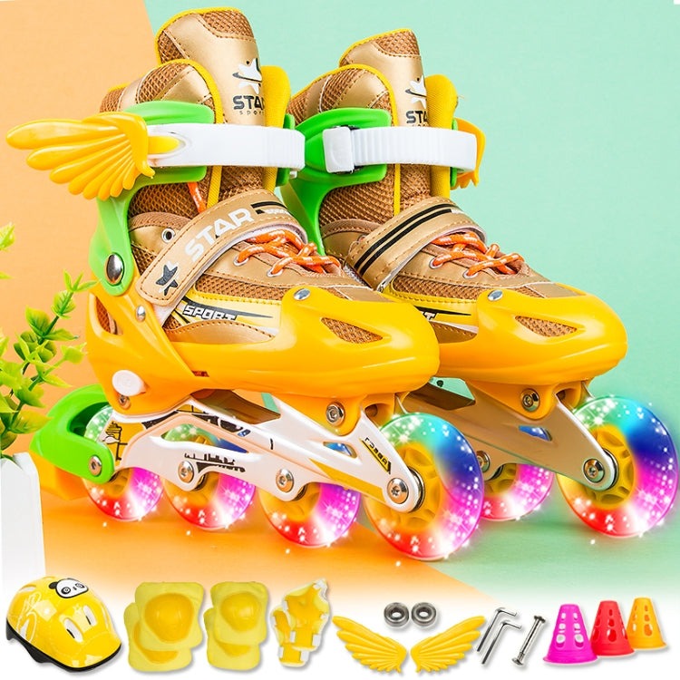 Adjustable Children Full Flash Single Four-wheel Roller Skates Skating Shoes Set, Size : S, Size : S (Pink), Size : S (Gold), Size : S (Blue), Size : S (Red) – Magnetic Size : S (Gold) Gold